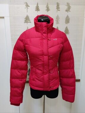 ​Hollister Red Button Up Mock Neck Winter Puffer Jacket Size Small